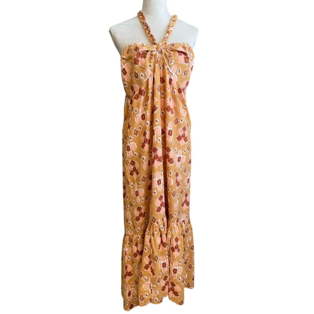 Aerie Linen Blend Braided Halter Maxi Dress Aztec Geometric Print Orange Size XL - Picture 2 of 5